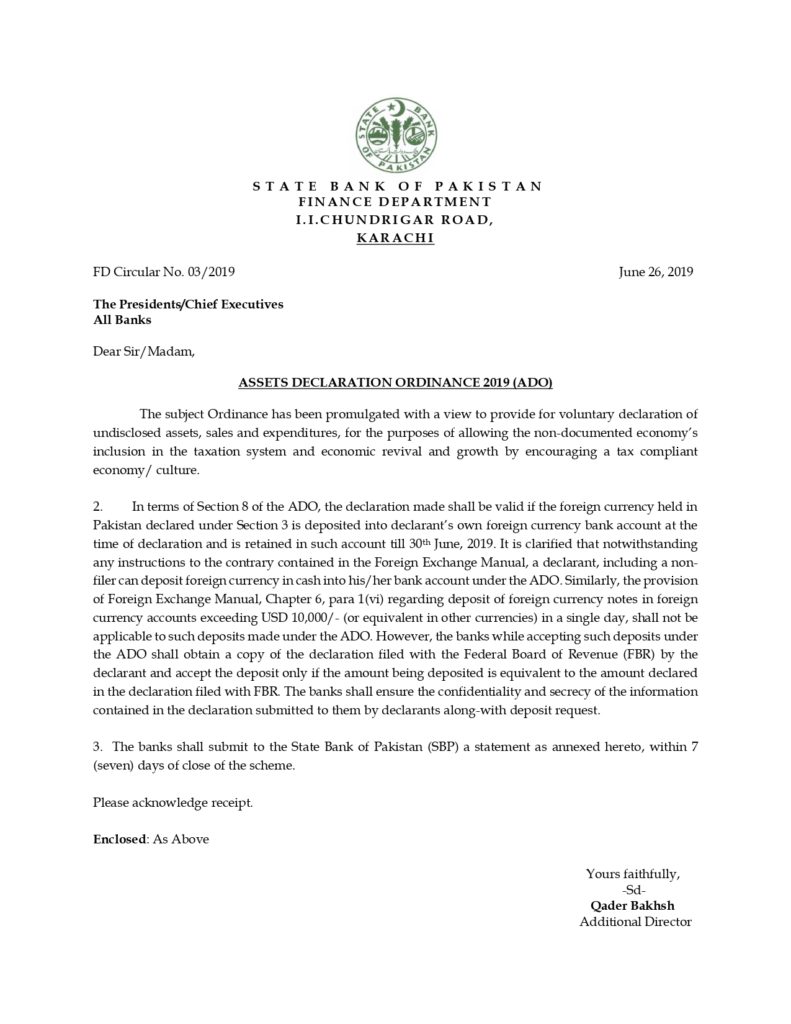State Bank Circular regarding Assets Declaration Ordinance, 2019