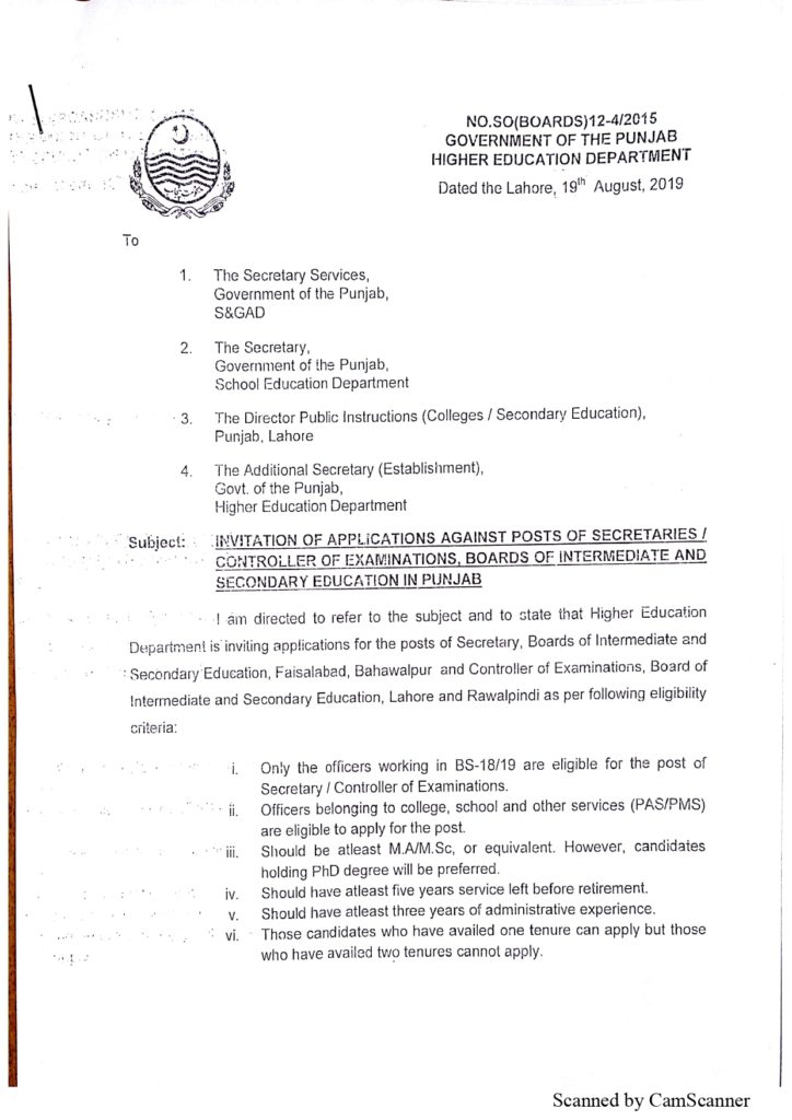 Invitation Of Application Against The Posts Of Secretaries/Controller Of Examinations, Boards Of The Intermediate And Secondary Education In Punjab