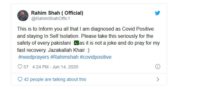 Rahim Shah tests positive for Covid-19